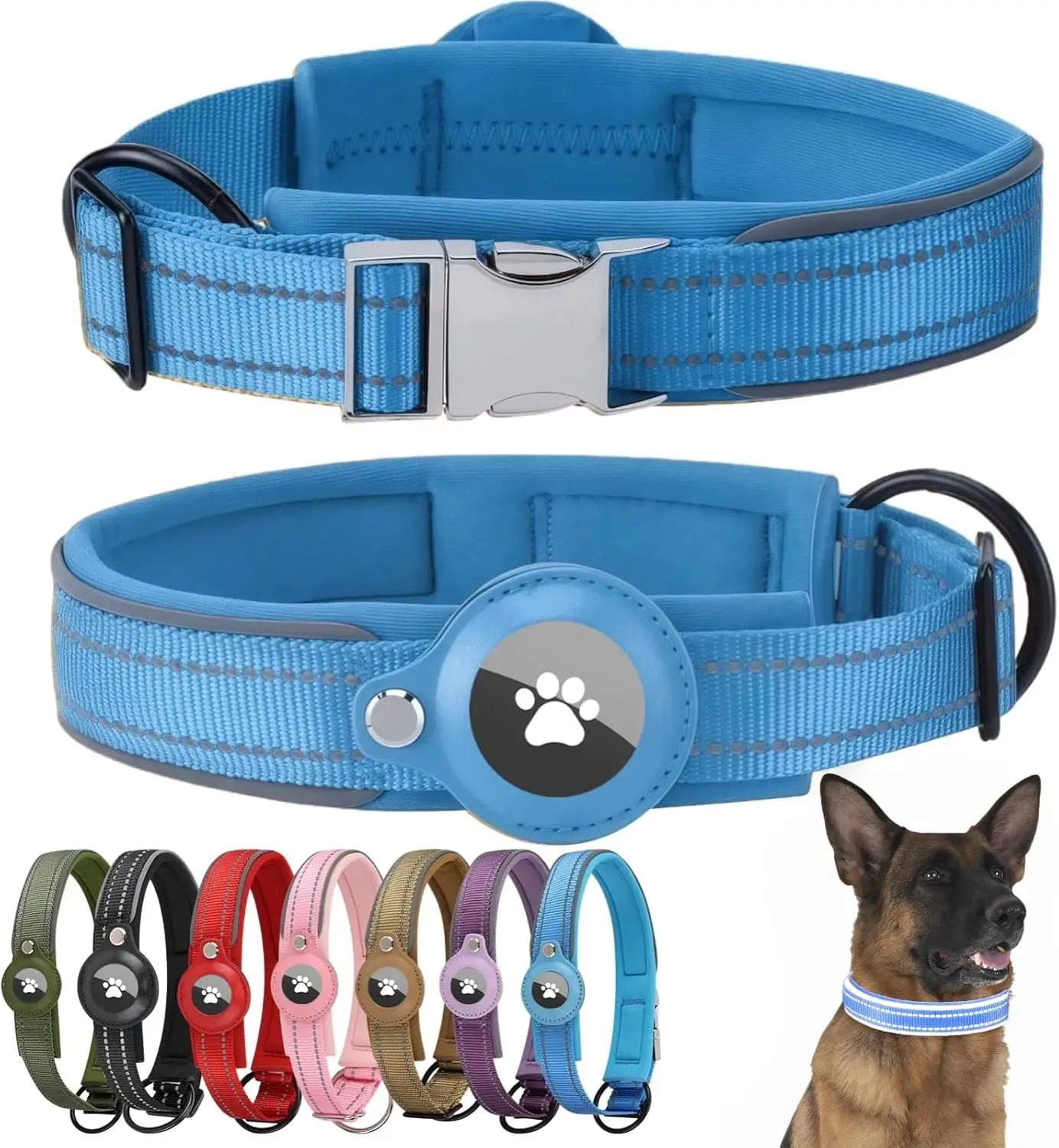 

Светоотражающий ошейник для собак с держателем для Airtag, быстросъемной застежкой, мягкой подкладкой, из водонепроницаемого нейлона, регулируемый, для средних собак