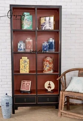 New Chinese Style Solid Wood Antique Display Shelf Bookshelf Vintage Antique Shelf Tea Room Living Room Display Cabinet Bookcase