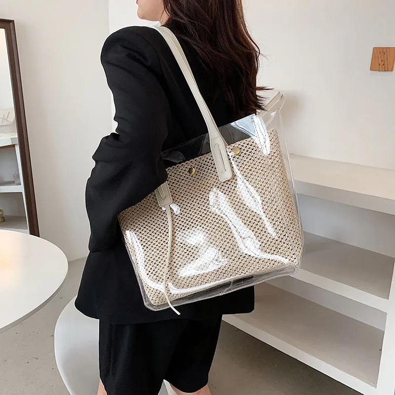 Summer New Transparent Straw Bag Large Capacity Rattan Shoulder Bag Woven Handmade Tote Bag Seaside Beach Bag Shopping Bag sac