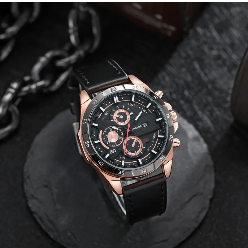 CHRONOS New Fashion Mens Sports Watches Man Business Quartz Wristwatch Luxury Brown Leather Men Casual Luminous Clock Watch