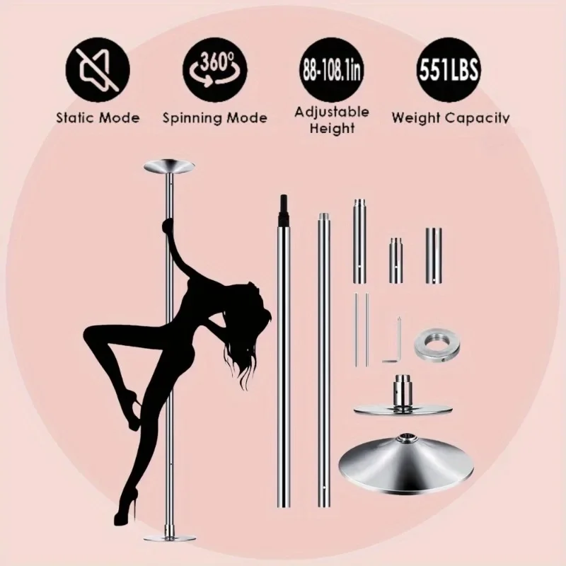 45 mm chrome dance bar, rotary and static, 5 height adjustable, 2 mode height adjustable 7'-9'H (88-108 in.)