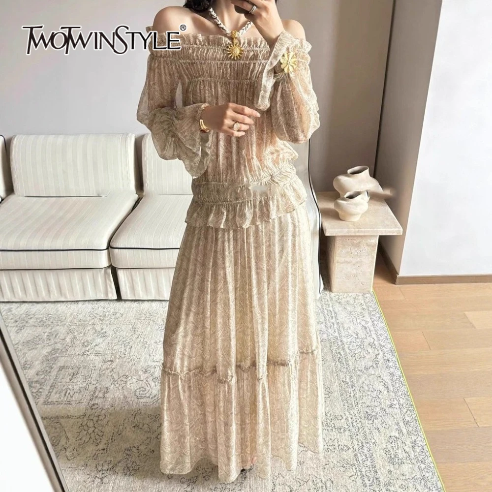 

TWOTWINSTYLE Printing Spliced Folds Two Piece Sets for Women Slash Neck Long Sleeves Top High Waist Skirt Elegant Set Female New