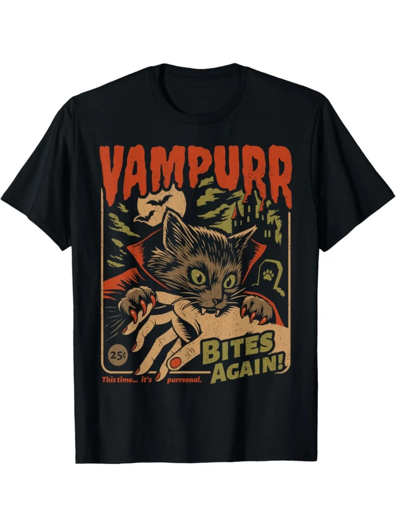 Vintage Horror Style Men'S T-Shirt Vampurr Cat Bites Again Graphic Halloween Season Gift for Cat Lovers and Horror Fans Tees