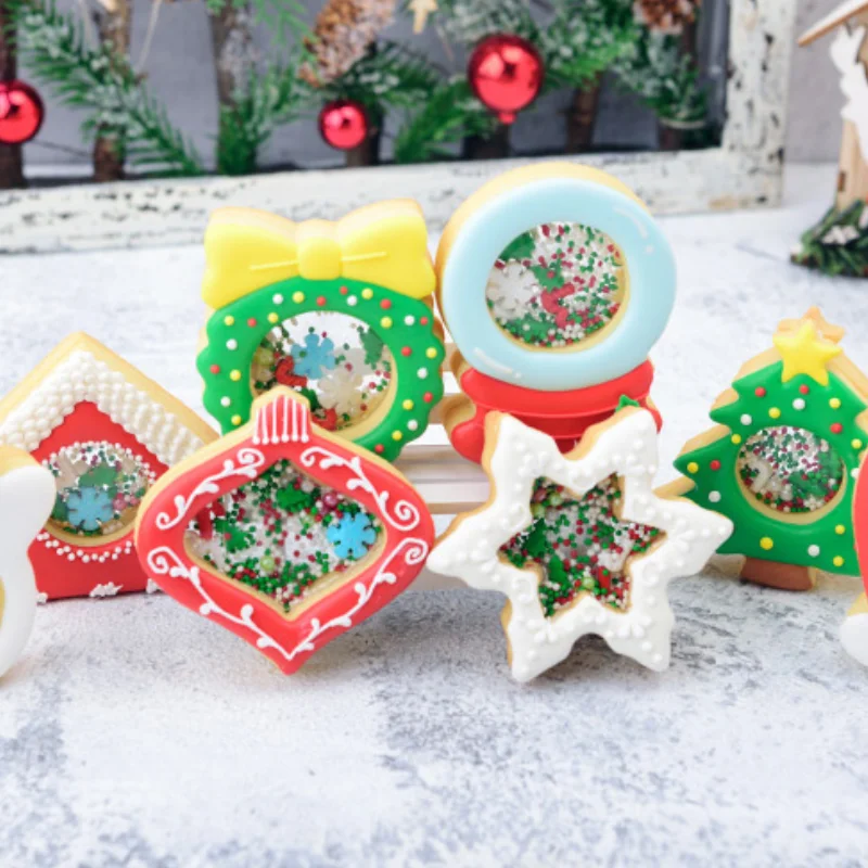 Bola de cristal navideña, cortador de galletas con copos de nieve, muñeco de nieve, cuentas de árbol de Navidad, sello de galleta, molde prensado de plástico para galletas temblorosas DIY