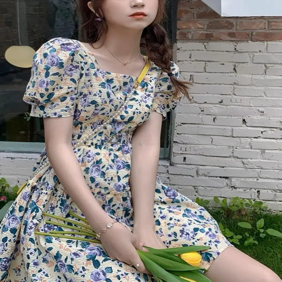 

Women's Summer Dress 2023 New Style Fairy Tale Forest System Waist Cinching Slimming Bubble Sleeve Elegant Floral Trendy Dress