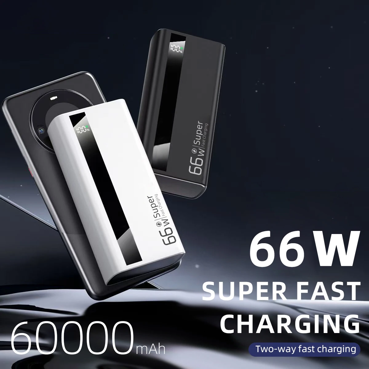 Image of Tragbare 60000-mAh-Powerbank, 66 W ultraschnelles Laden, vier USB-Ausgänge, Typ-C/Micro-Schnittstellen-Eingang, LED-Anzeigebildschirm, geeignet für digitale elektronische Geräte von iPhone/Android,