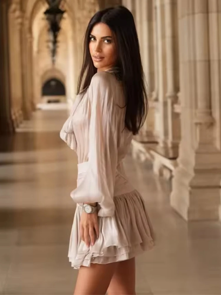 Women Pleated Tie Shirt Mini Skirt Set Half Turtleneck Long Sleeve Solid Elegant Shirt High Waist Zip Skirt Summer New Suit