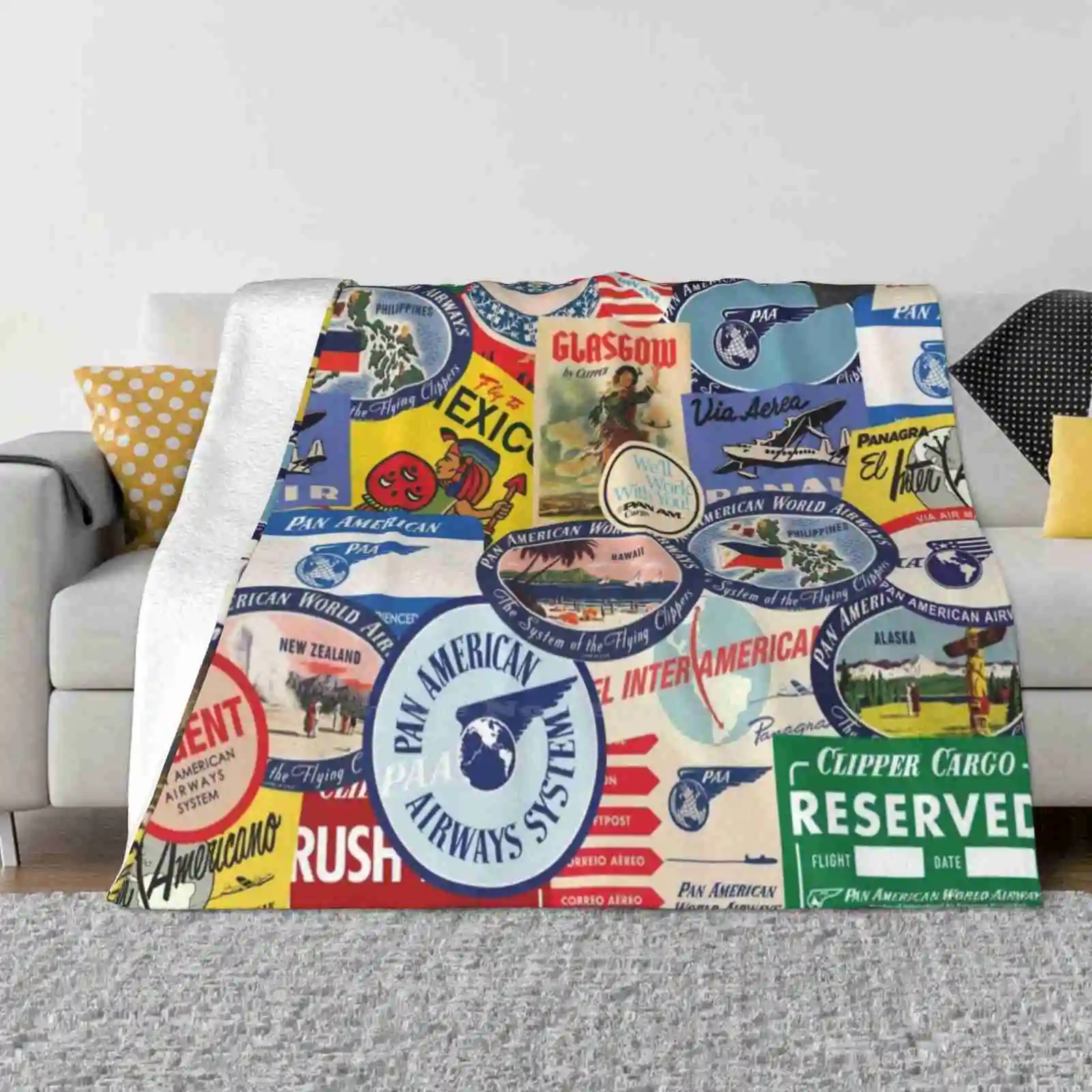 Pan Am Travel Sticker Pattern Creative Design Comfortable Warm Flannel Blanket Panam Vintage Travel Pan American World Airways