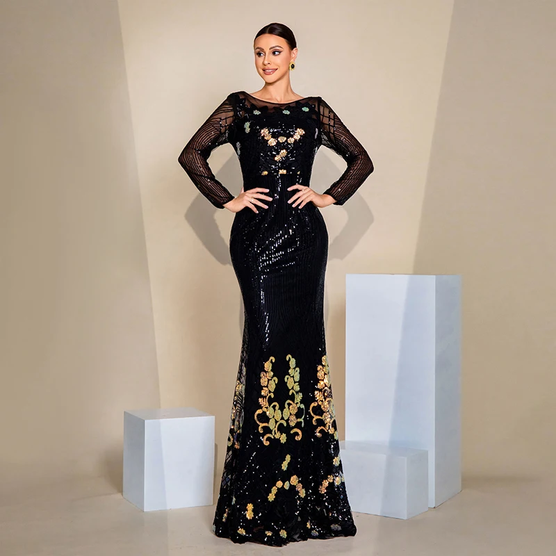 

Women Long Sleeve O Neck Backless Black Sequined Elegant Wedding Bridesmaid Cocktail Party Prom Evening Maxi Dresses