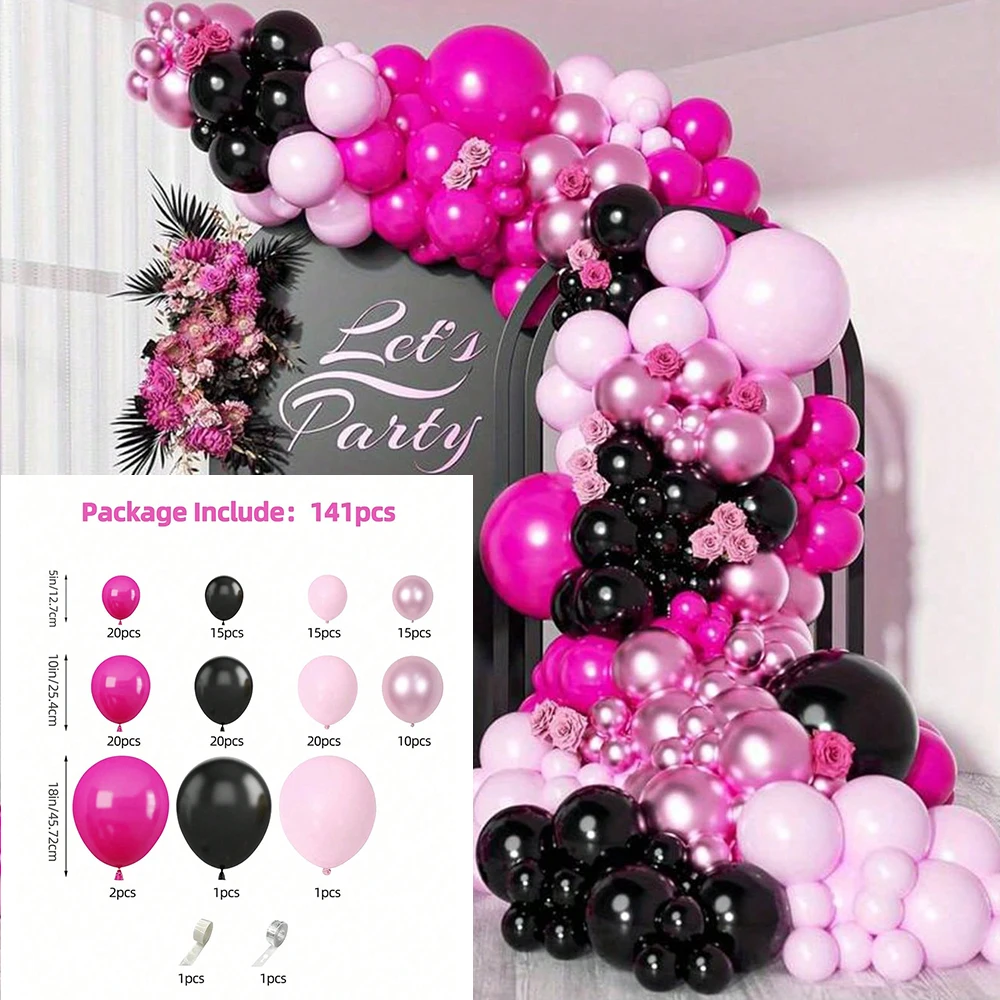 141Pcs Hot Pink Black Latex Balloons Garland Arch Kit Birthday Party Baby Shower Bridal Shower Wedding Princess Party Decor view 3