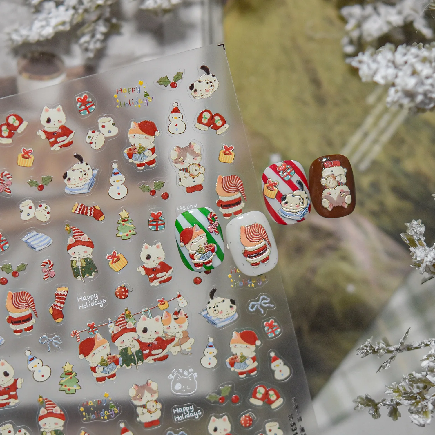 Winter Weihnachten Katze Schneemann Schneeflocke Socken Streifen Apfelstern Hipster Schleife Weihnachtsmann Kristallkugel Nail Art Aufkleber Aufkleber