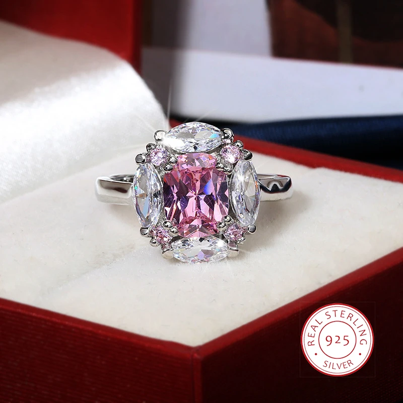 

New Pink Crystal Square Diamond Princess Ring 925 Silver Fashion Inlaid Water Drop Pear Shaped Zircon Ring Wedding Bride Gift