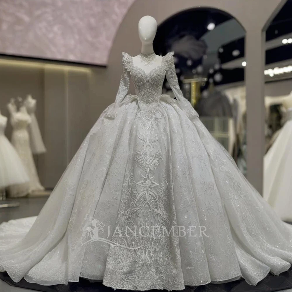 

Customized Long Sleeves Wedding Dress 2025 Gorgeous Square Collar Beading Ball Gown Princess Bride Plus Size Vestido de Noiva