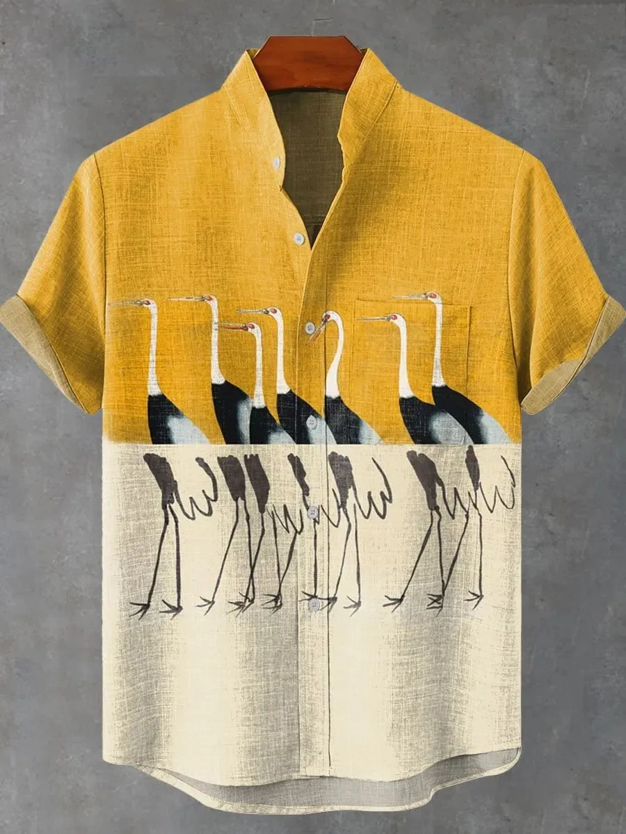 

Fashionable men's 3D printed artistic bird design pattern men's linen short sleeved shirt casual loose oversized button up shirt