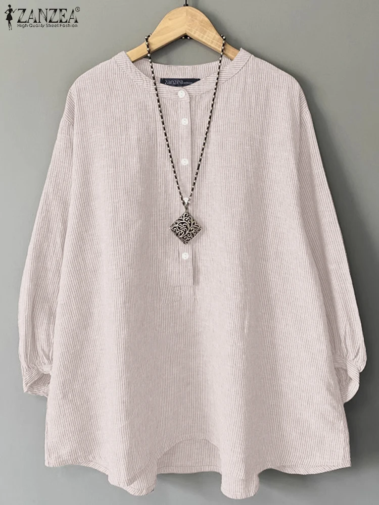 ZANZEA, blusas de otoño 2025 para Mujer, camisa informal holgada de manga larga a rayas, blusa elegante con cuello levantado para trabajo de oficina, Tops con botones para Mujer