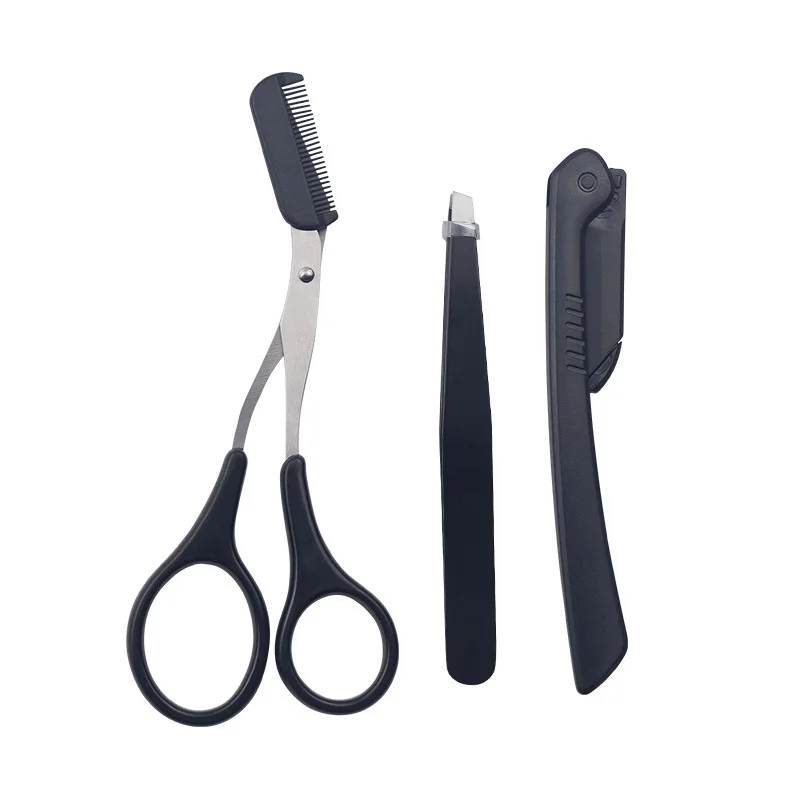 3-teiliges Augenbrauen-Trimm-Set aus Edelstahl mit Pinzette, Schere, Kamm und Rasierer für Make-up und Gesichtspflege – Detail 1
