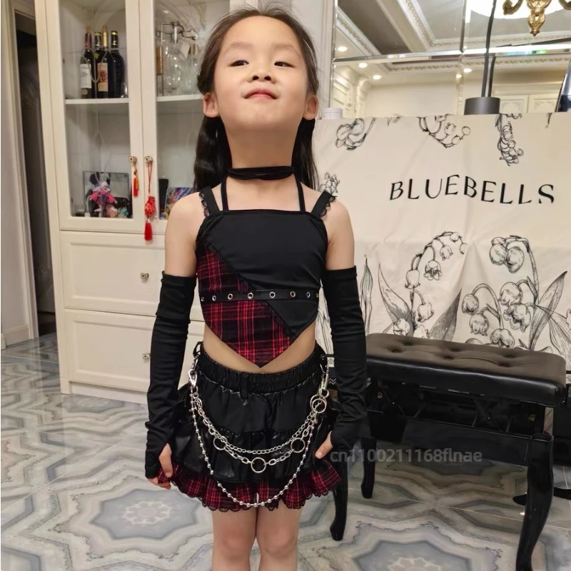 Костюм для джазового танца для девочек, комплект для танцевальных выступлений, топ + юбка + пояс + чехол для ног, детский прогулочный костюм для уличных танцев