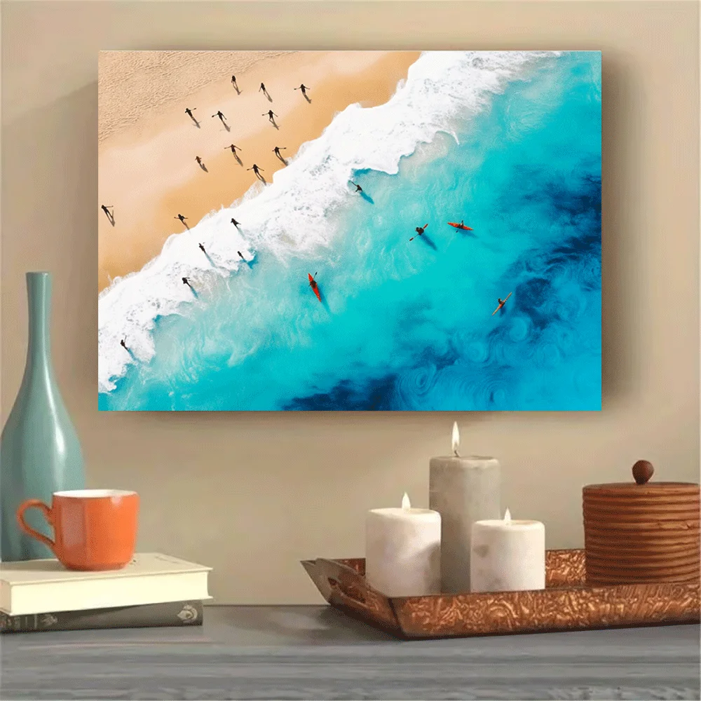1PC-Canvas poster Unframed  Aerial Beach Ocean Waves Kayakers Surfing Sunset Landscape Art Print  summer