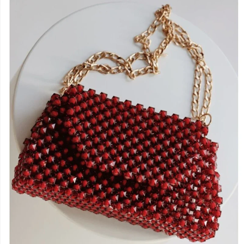 

New Ins High Quality Red Acrylic Beaded Chain Single Shoulder Bags New Handwoven Acrylic Dinner Party Women's Bag Customization