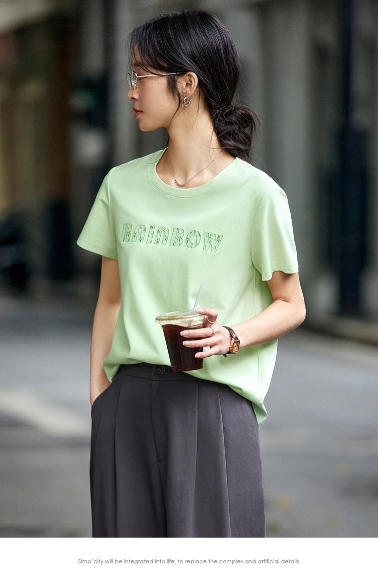 VIMLY Women Short Sleeve T-shirt 2025 Summer Tops Woman Cotton Blend Tees Female Letter Embroidered T Shirt Ladies Clothes A1109