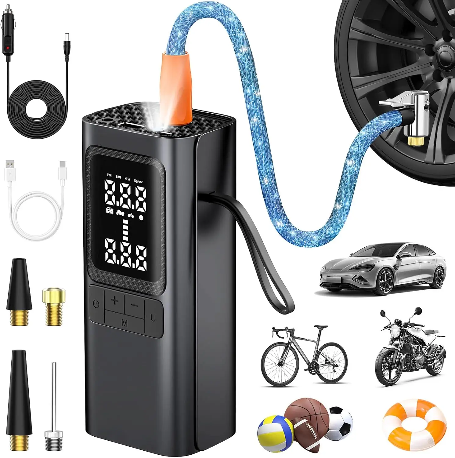 

Портативный накачиватель шин постоянного тока 12 В, мини-воздушный компрессор мощностью 150 фунтов на квадратный дюйм с цифровым манометром, автоматическим отключением и светодиодной подсветкой для автомобиля, велосипеда, мяча