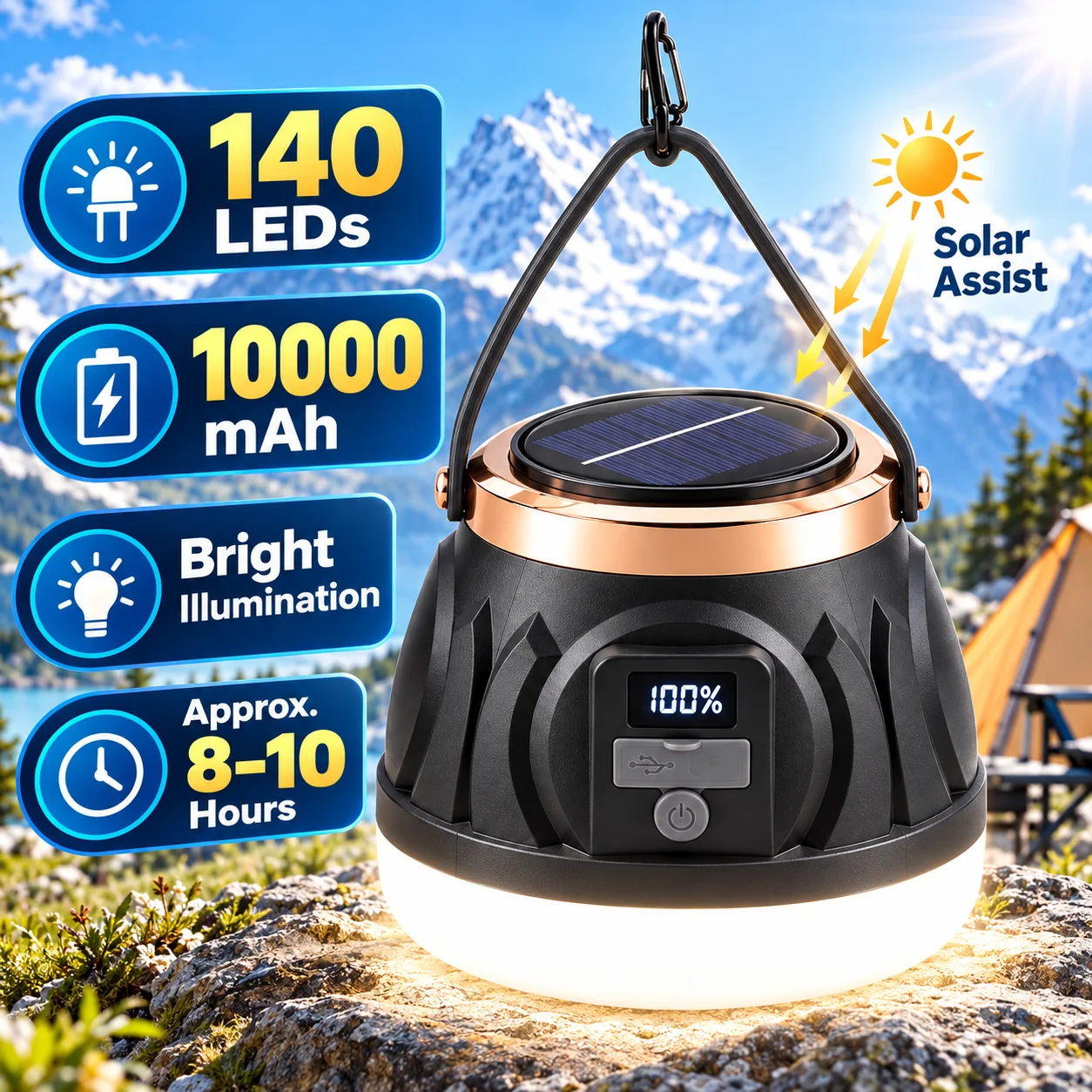 Rechargeable Solar Camping Light 5000-10000mAh Lantern 3 Lighting Modes USB Emergency Output Digital Battery Display for Tent