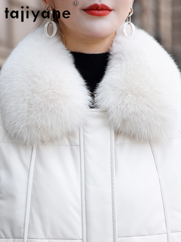 TAJIYANE Echter Schaffell-Weiß-Entendaunenmantel, lange Pufferjacke aus echtem Leder für Damen mit Fuchspelzkragen, Winterkleidung 2025 Durant Daugldi