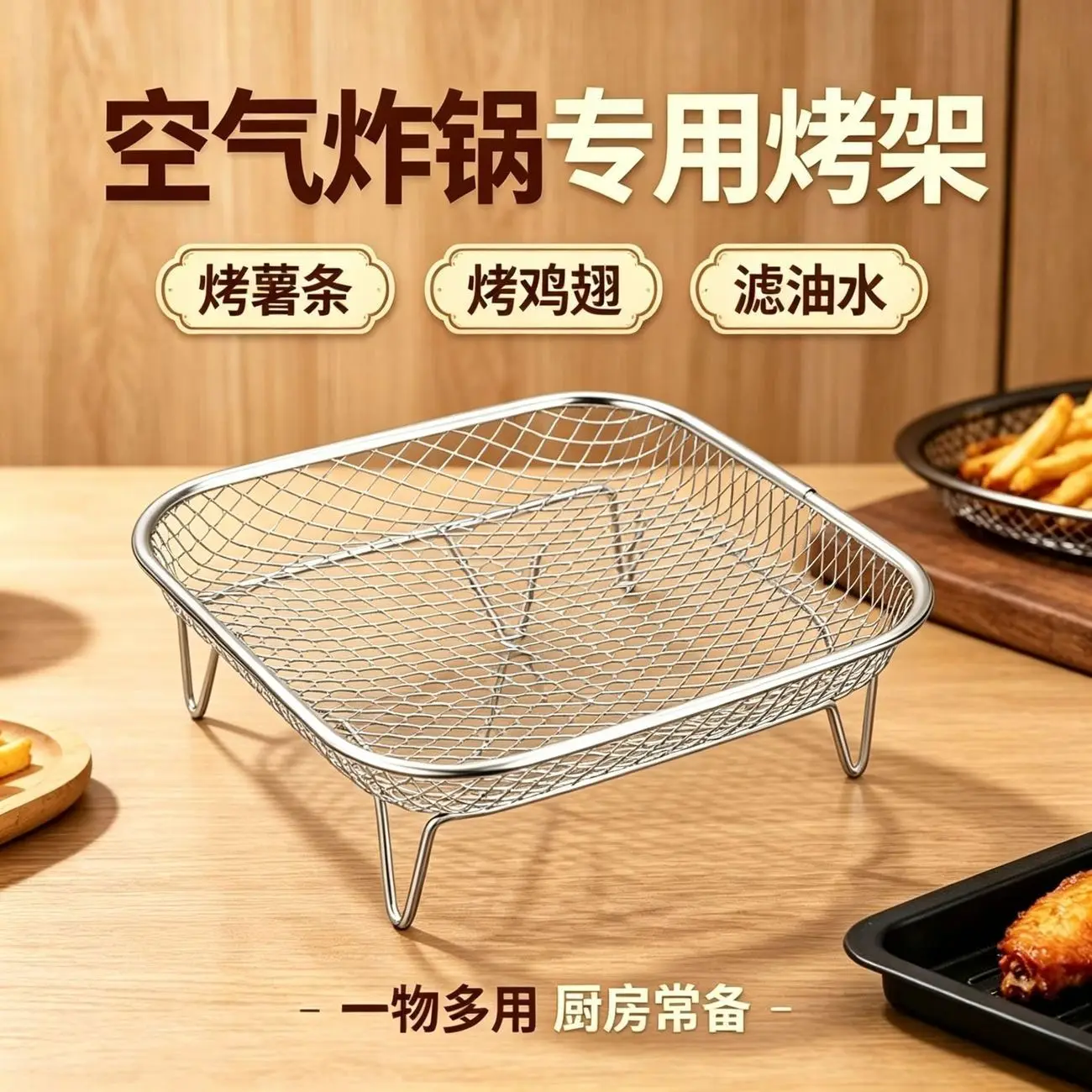 Square Stainless Steel Air Fryer Rack Mesh Basket With Legs Nonstick Oil Draining Grill Tray For Fries Chicken Wings Baking