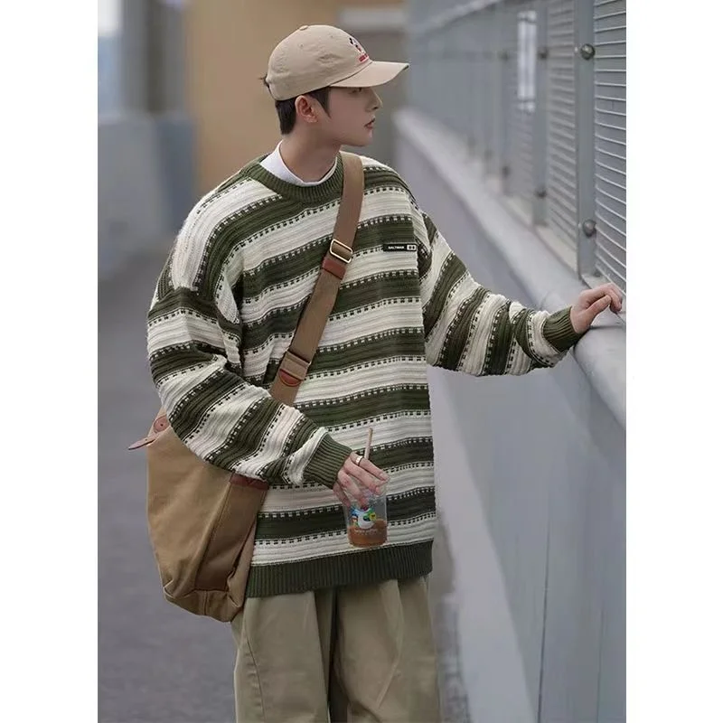 

Костюм Свитер с длинными рукавами Мужской ретро ленивый стиль с круглым вырезом в полоску Свободное пальто Модно