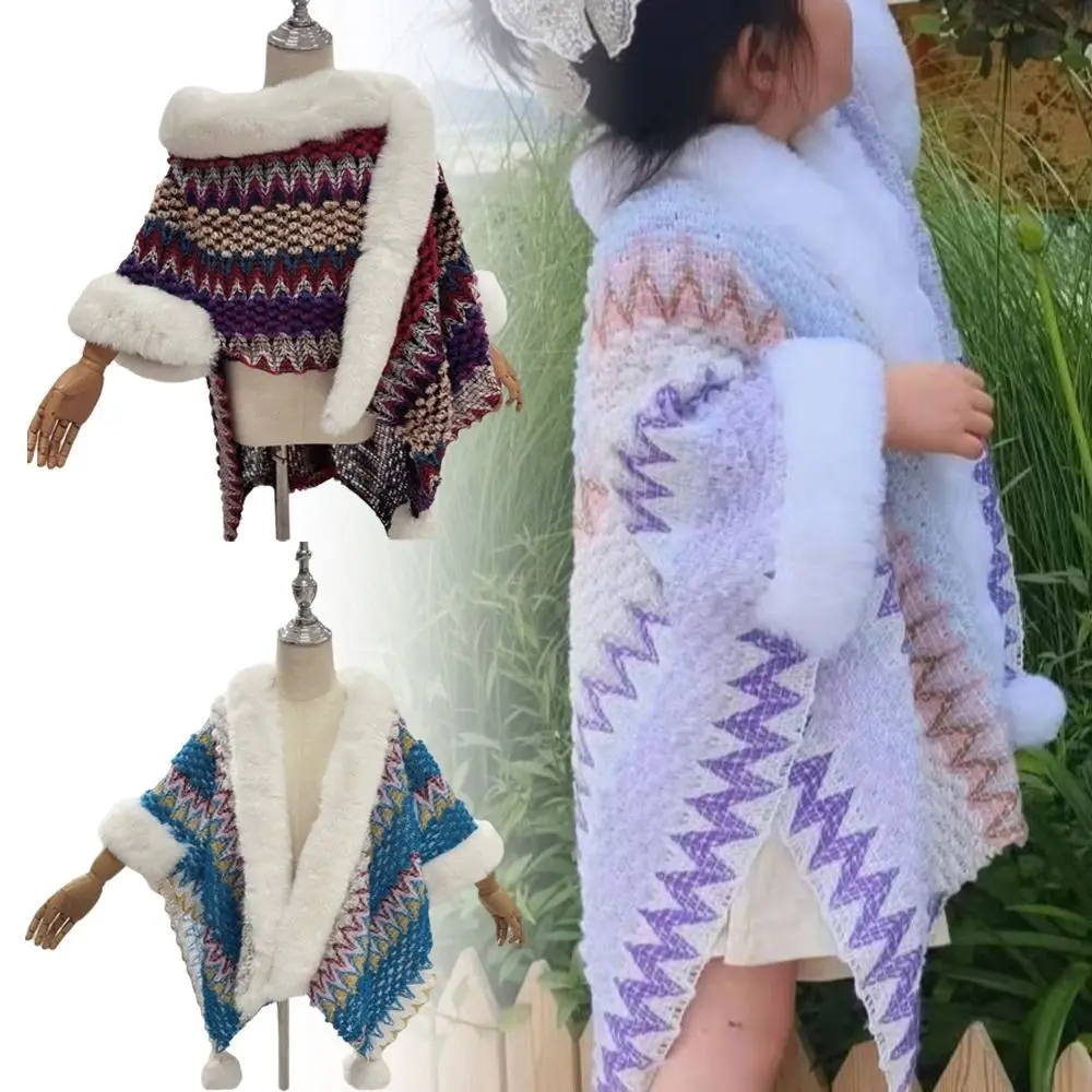 

Детское монгольское пончо с воротником из искусственного меха, зимний теплый кардиган в этническом стиле, шаль с кисточками, полосатая вязаная накидка из искусственной шерсти