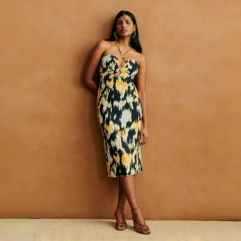 

French Style Gradient Color Long Dress Vacation Theme Strapless Gown High Waist A-Line Skirt No Sleeve Composite Fabric