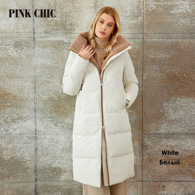 PINK CHIC 2023 New Winter Coat Women Down Jackets High Quality  Fur Collar Warm  Hooded Long version Parka Female W6607