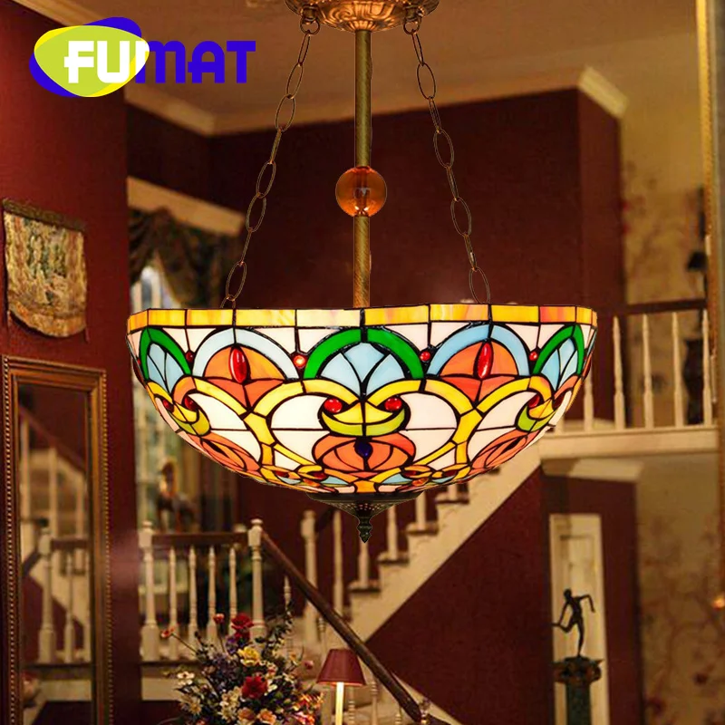 FUMAT Tiffany Vintage style stained glass chandelier Living Room Dining Room Hotel Bedroom 16 inch deco inverted pendant light