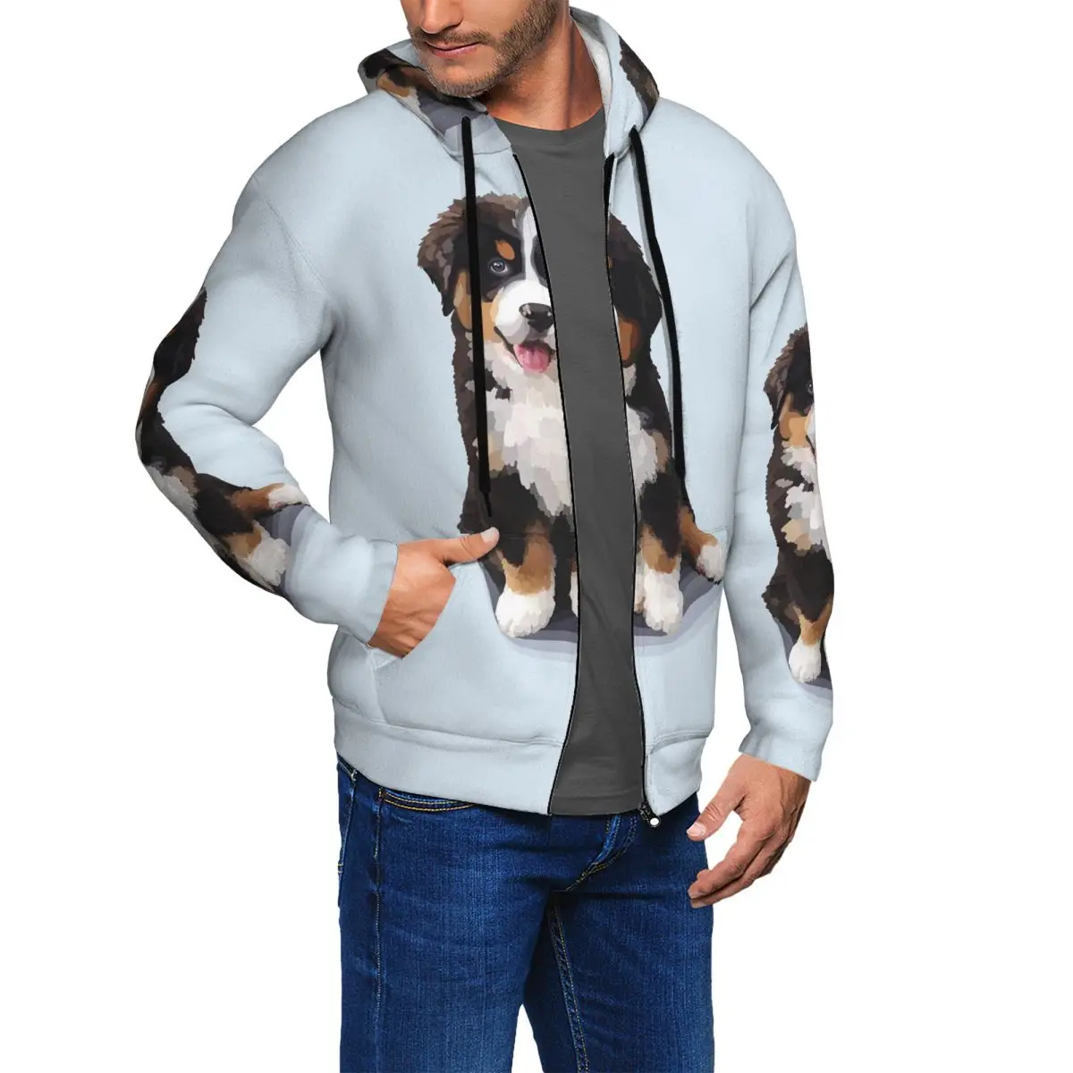 Van Gogh Style Painting Of Bernese Mountain Dog Zipper Hoodie Pullover Autumn Winter Men Women Sweatshirts Long Sleeve Tops