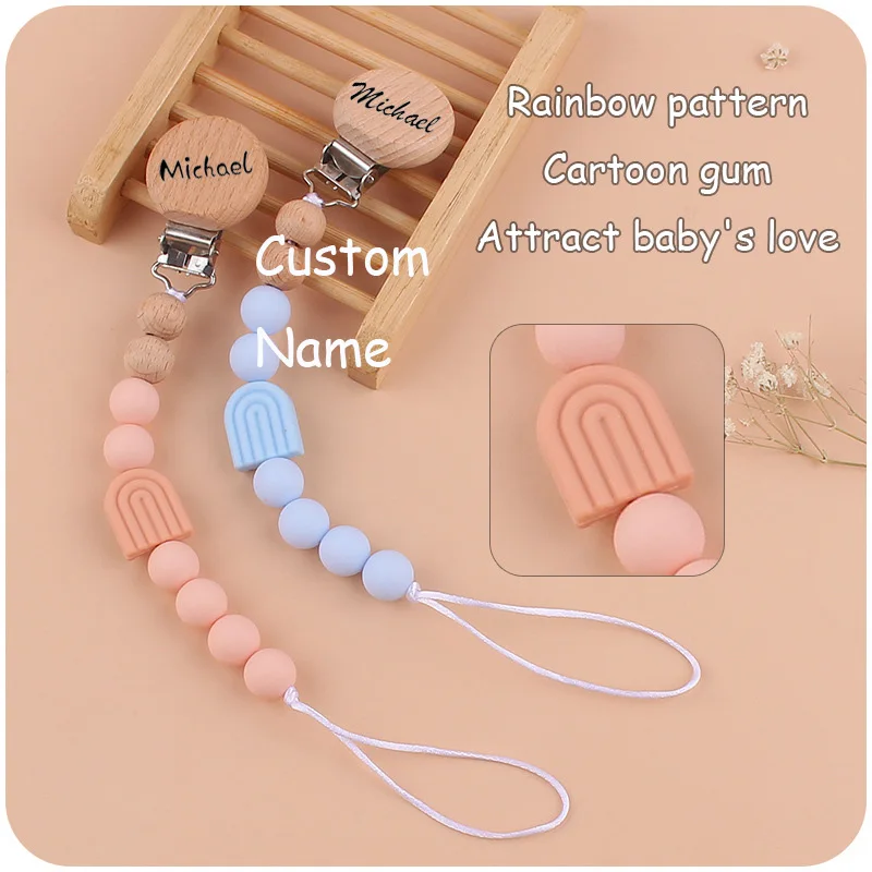 Custom Name Wooden Personalized Baby Pacifier Chain Silicone Bead Dummy Nipple Holder Guard Teether Pendant  Newborn Gift Stuff