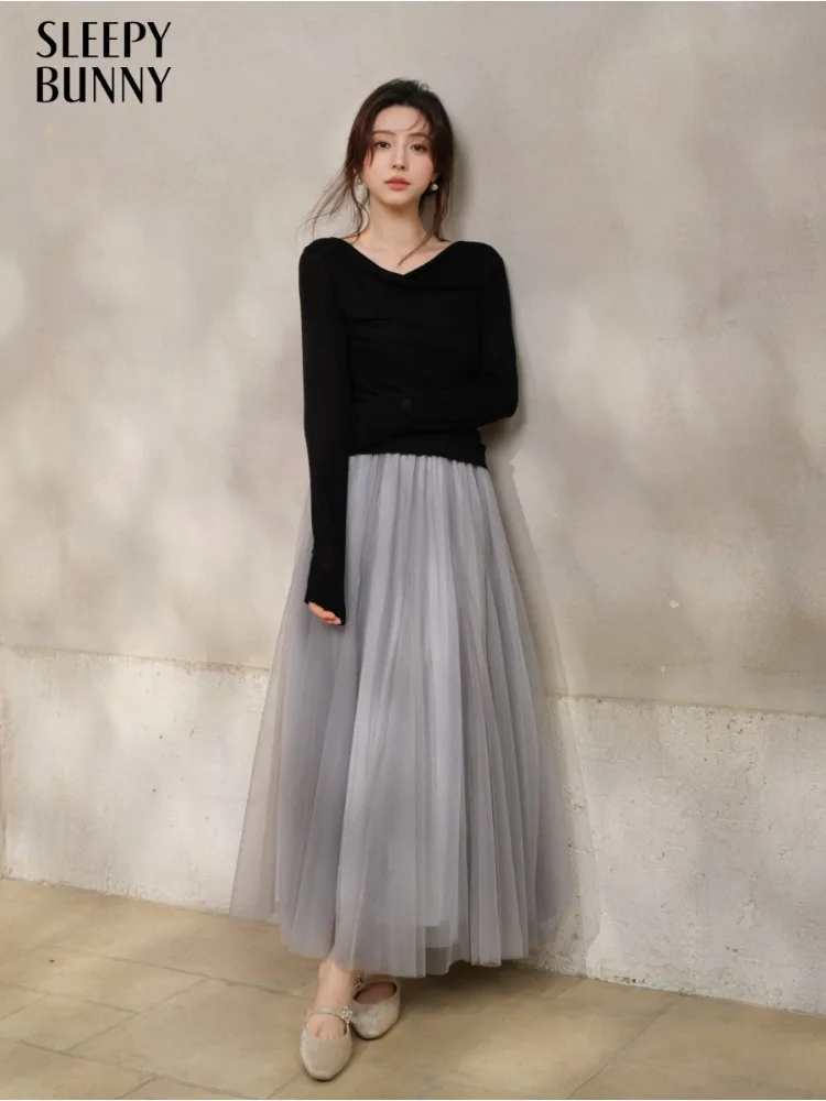 

Romantic Mesh Tulle Midi Skirt Women Vintage High Waist Flowy Long Skirt Elegant Layered Pleated Bottom Autumn Feminine Outfit