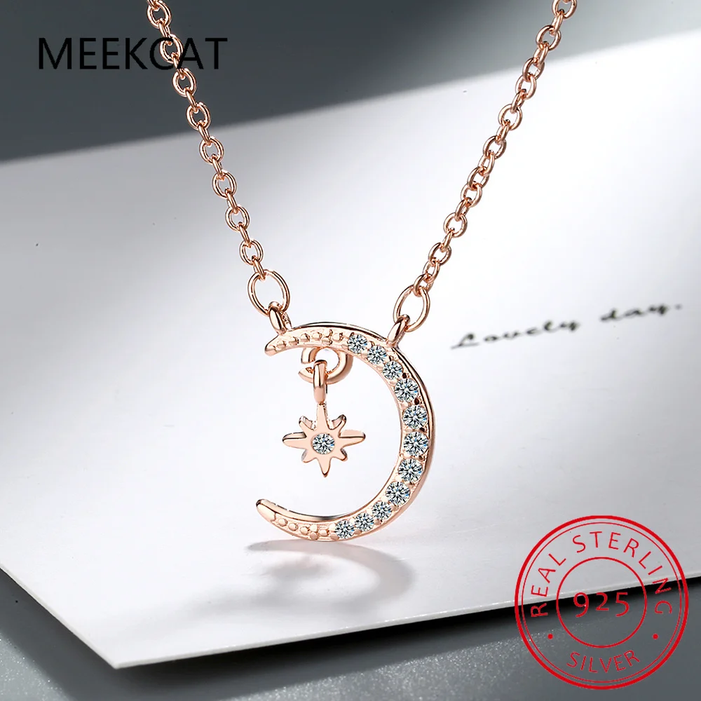 Moissanite Diamond Necklace 14K Rose Gold Plated 925 Sterling Silver Moon Star Pendant Necklace For Women Girls Fine Jewelry