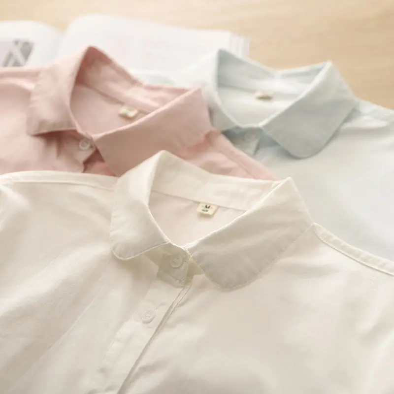 Spring and Autumn New Solid Color Doll Collar Long Sleeve Shirt Women Commuter Base Cardigan