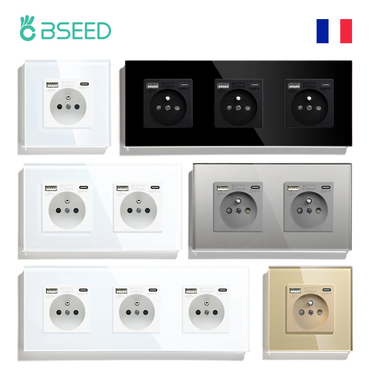 

BSEED French Standard Single Wall Power Sockets Double France USB Type-C Port Outlet Crystal Glass Panel Children Protection 16A