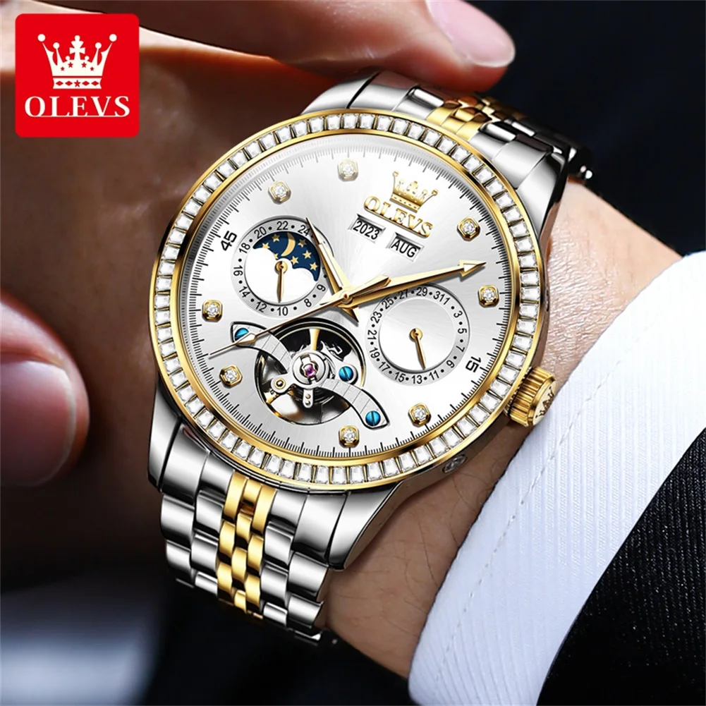 Orologio di marca OLEVS con striscia di acciaio, calendario singolo, orologio meccanico automatico, luce notturna, orologio da uomo impermeabile 7016