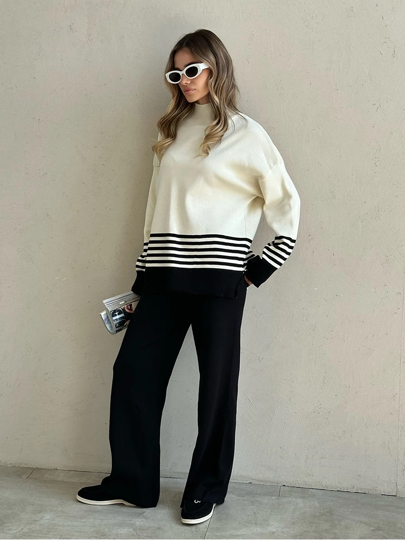 Casual Tracksuit Women Two Piece Set Winter Knit Pant Sweater Matching Sets Women Striped Knitted Two Piece Set For Women 2024