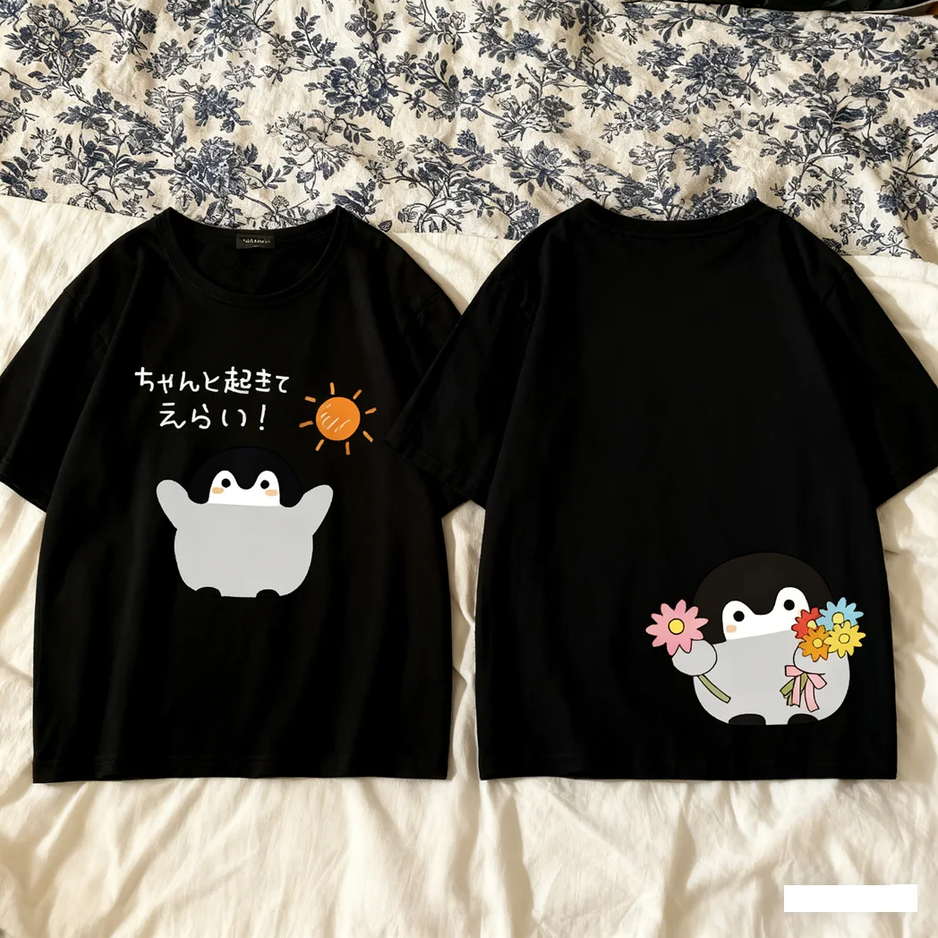 كارتون رمادي البطريق الرموز التعبيرية طباعة التي شيرت اليابانية الشارع الشهير Y2K فضفاضة تناسب للجنسين الكبار الاطفال قصيرة الأكمام أعلى #1