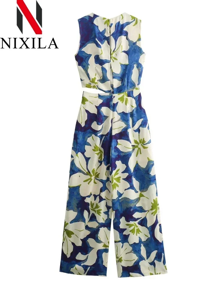 New Summer Woman\'s Fashion Chic Blue Floral O-Neck Sleeveless Hollow Out Zipper Female Bohemian Wide Leg Vacation Loose Jumpsuit