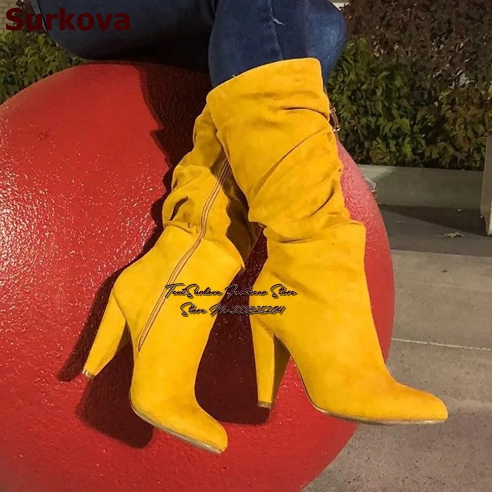 Surkova Yellow Suede Spike Heel Mid-Calf Boots Women Pointed Toe Folded Slouchy Middle Boots Zipped Fall Winter Dress Shoes