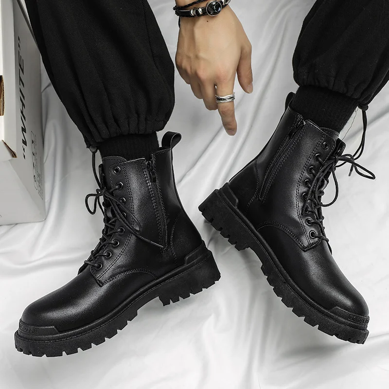 Leather England Black Men\'s Biker Boot Fashion YoungWaterproof Trendy Boots Man Autumn Winter High Top ClassicBasic Shoe