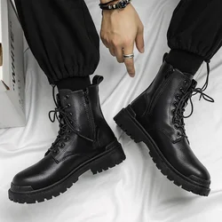 Leather England Black Men's Biker Boot Fashion YoungWaterproof Trendy Boots Man Autumn Winter High Top ClassicBasic Shoe