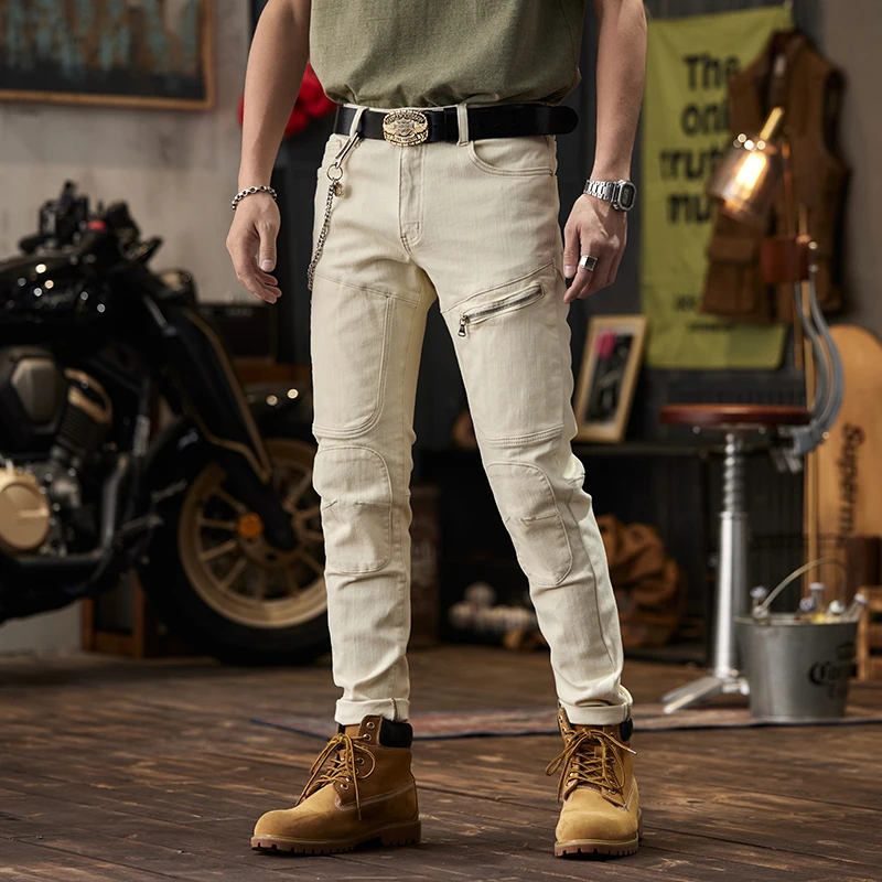 High-End Washed Stitching Zipper Men\'s Jeans Beige Trendy Pu Handsome Motorcycle Slim Straight Stretch Feet Pants