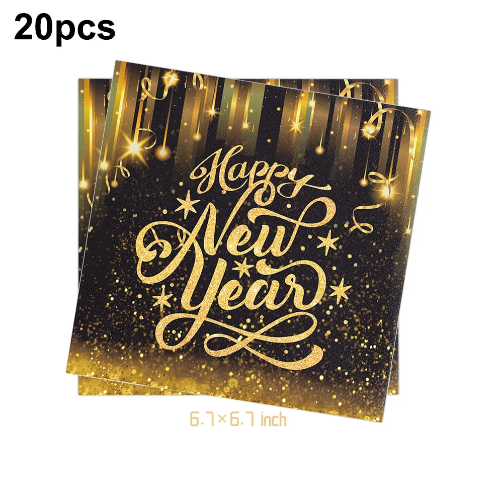 Happy New Year Napkins Black and Gold New Years Eve Disposable Tableware Party Table Decoration 2025 New Year Party Supplies