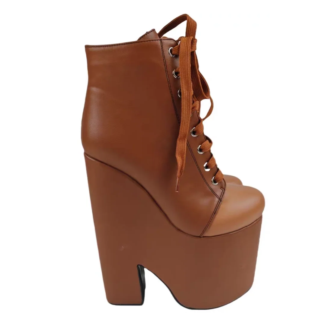 

Brown Lace Up Mid Calf Platform Boots Chunky Heel Round Toe Fashion Sexy 2025 Winter Big Size Woman Shoes Zapatillas Mujer