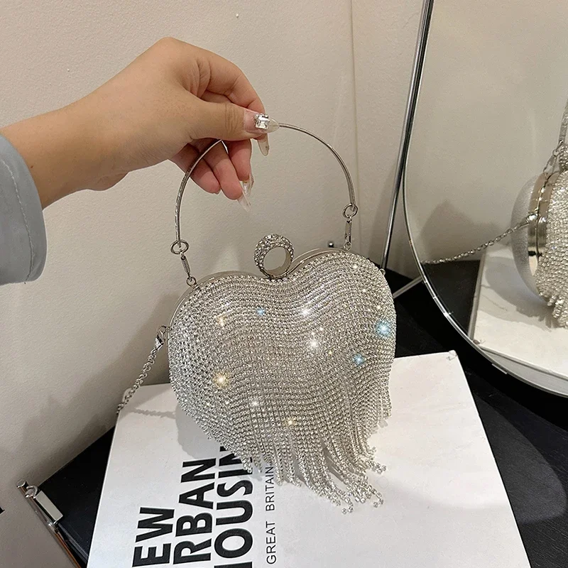 Tassel Diamond Handbags for Women 2024 Trend Fashion Evening Bag Chic Party Cute Luxury High Quality Heart Female Shoulder Bag